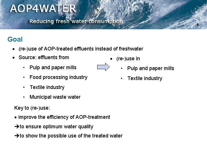 5 Goal · (re-)use of AOP-treated effluents instead of freshwater · Source: effluents from