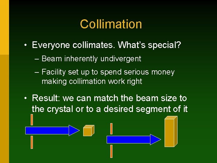 Collimation • Everyone collimates. What’s special? – Beam inherently undivergent – Facility set up