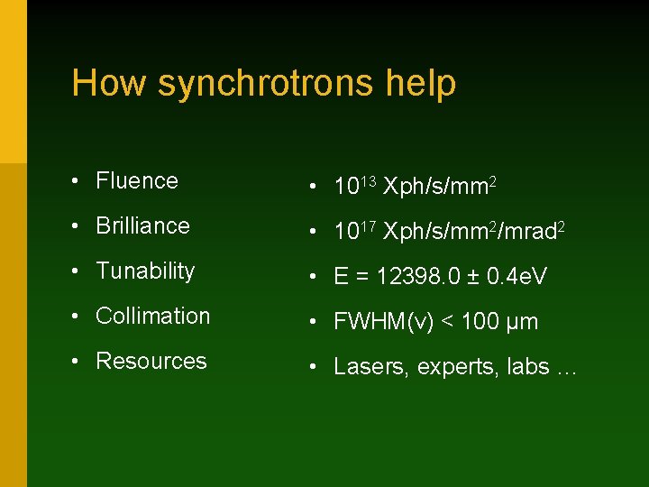 How synchrotrons help • Fluence • 1013 Xph/s/mm 2 • Brilliance • 1017 Xph/s/mm