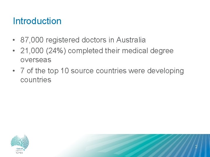 Introduction • 87, 000 registered doctors in Australia • 21, 000 (24%) completed their