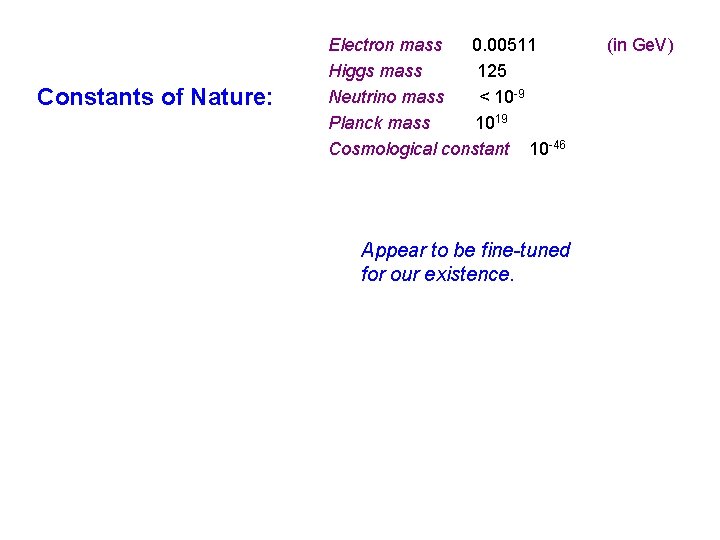 Constants of Nature: Electron mass 0. 00511 Higgs mass 125 Neutrino mass < 10