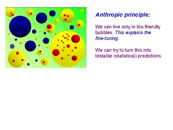 Anthropic principle: We can live only in bio-friendly bubbles. This explains the fine-tuning. We