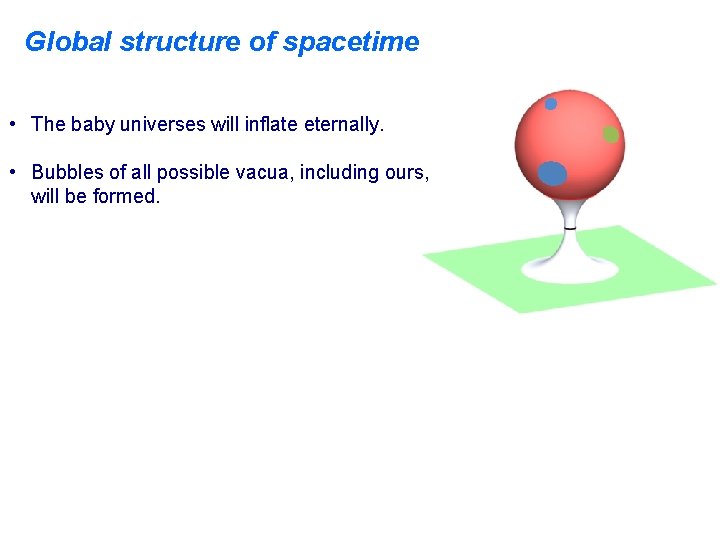 Global structure of spacetime • The baby universes will inflate eternally. • Bubbles of