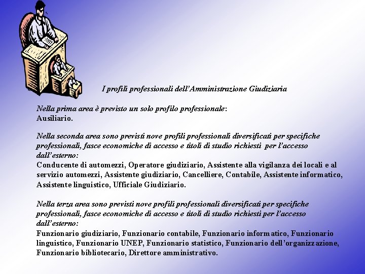 I profili professionali dell’Amministrazione Giudiziaria Nella prima area è previsto un solo profilo professionale: