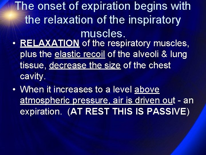 The onset of expiration begins with the relaxation of the inspiratory muscles. • RELAXATION