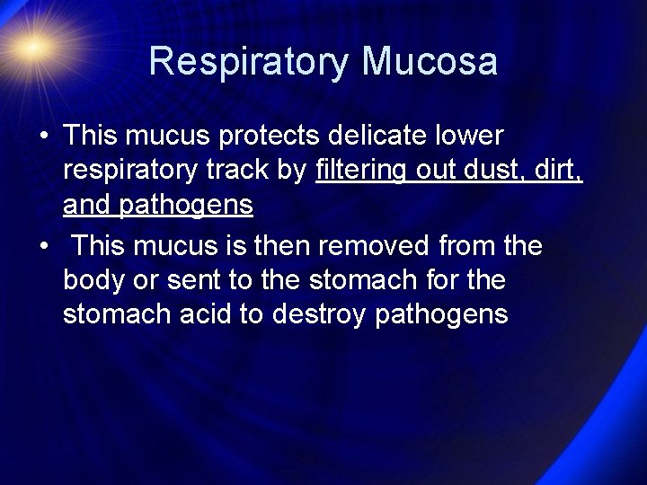 Respiratory Mucosa • This mucus protects delicate lower respiratory track by filtering out dust,