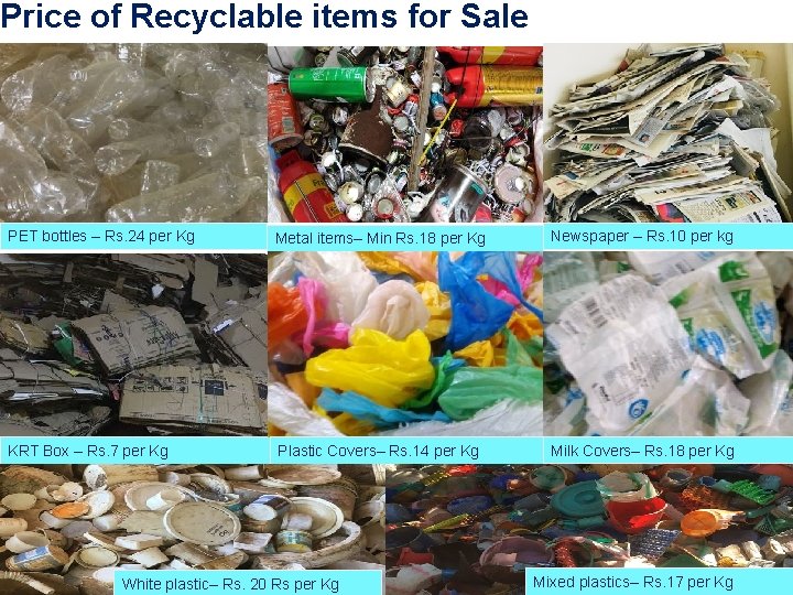 Price of Recyclable items for Sale PET bottles – Rs. 24 per Kg Metal
