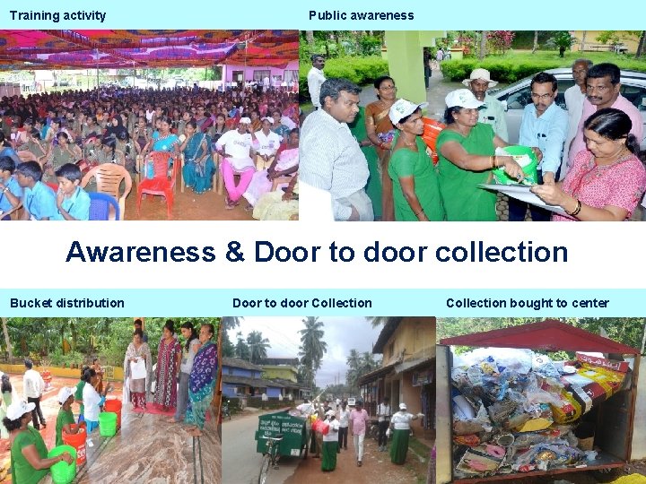 Training activity Public awareness Awareness & Door to door collection Bucket distribution Door to