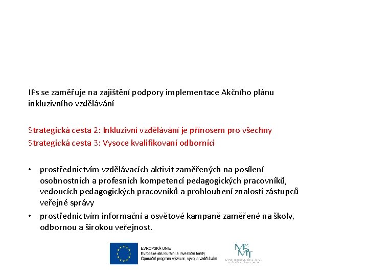 IPs se zaměřuje na zajištění podpory implementace Akčního plánu inkluzivního vzdělávání Strategická cesta 2: