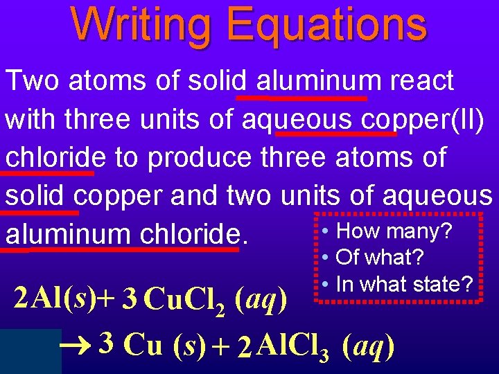 Writing Equations Two atoms of solid aluminum react with three units of aqueous copper(II)