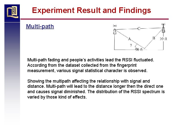 Experiment Result and Findings Multi-path fading and people’s activities lead the RSSI fluctuated. According