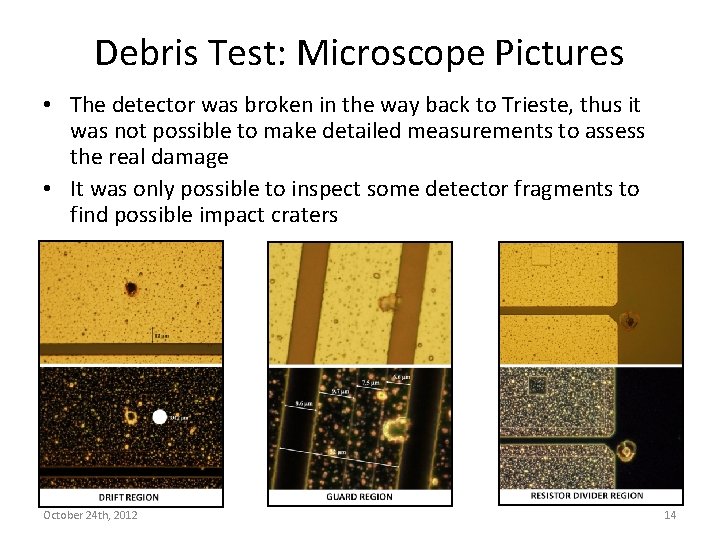 Debris Test: Microscope Pictures • The detector was broken in the way back to