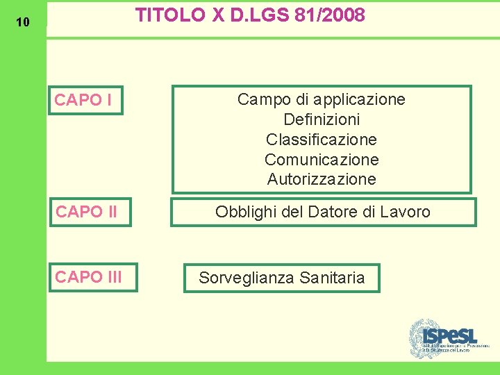 TITOLO X D. LGS 81/2008 10 CAPO I Campo di applicazione Definizioni Classificazione Comunicazione