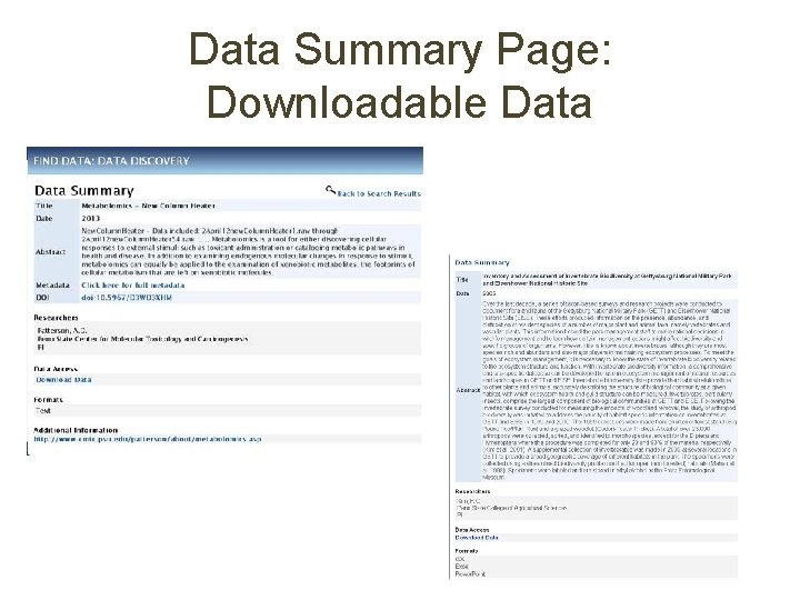 Data Summary Page: Downloadable Data 