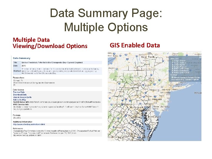Data Summary Page: Multiple Options Multiple Data Viewing/Download Options GIS Enabled Data 