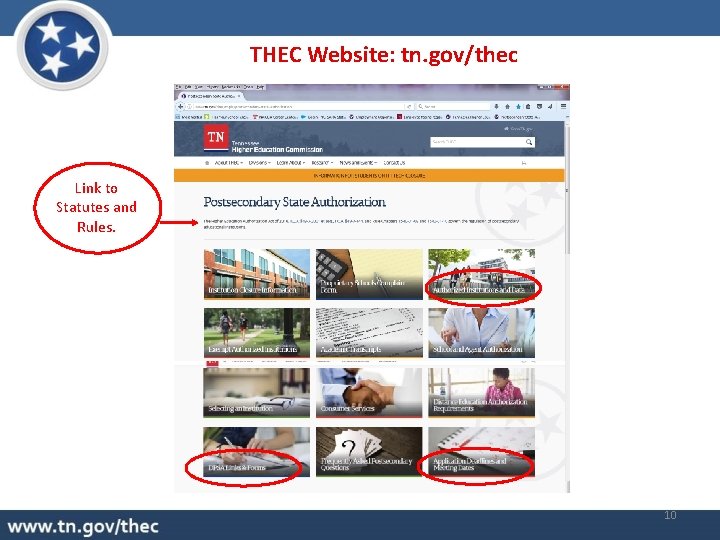 THEC Website: tn. gov/thec Link to Statutes and Rules. 10 