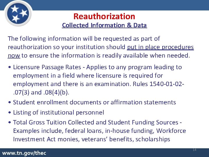 Reauthorization Collected Information & Data The following information will be requested as part of