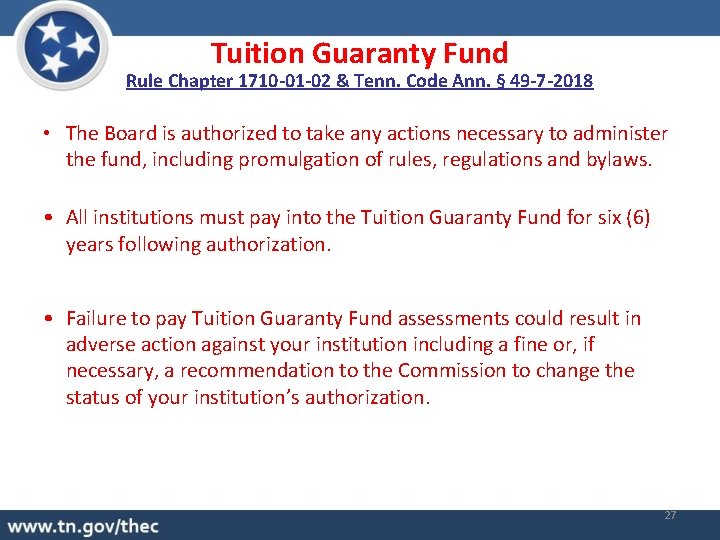 Tuition Guaranty Fund Rule Chapter 1710 -01 -02 & Tenn. Code Ann. § 49