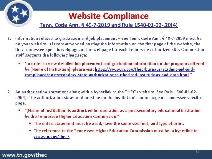 Website Compliance Tenn. Code Ann. § 49 -7 -2019 and Rule 1540 -01 -02