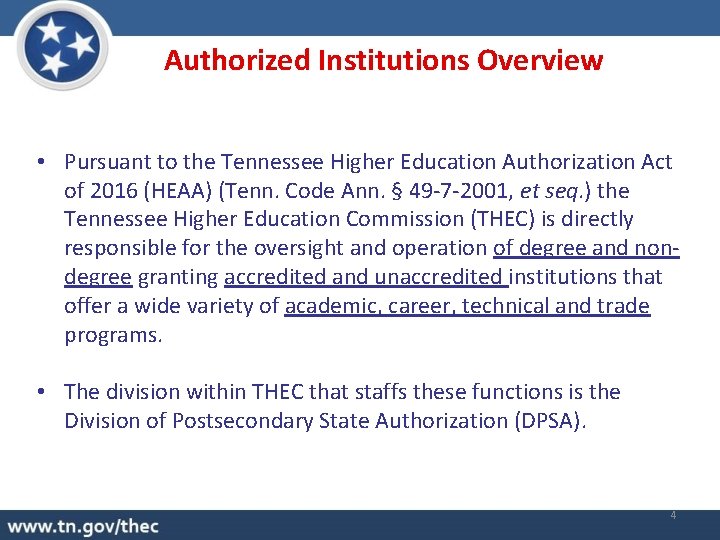 Authorized Institutions Overview • Pursuant to the Tennessee Higher Education Authorization Act of 2016