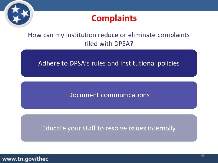 Complaints How can my institution reduce or eliminate complaints filed with DPSA? Adhere to