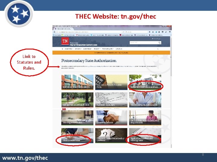 THEC Website: tn. gov/thec Link to Statutes and Rules. 8 