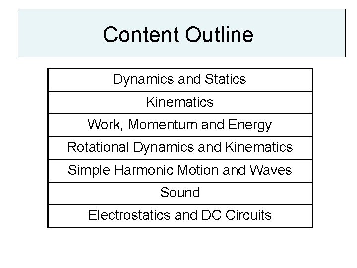 Content Outline Dynamics and Statics Kinematics Work, Momentum and Energy Rotational Dynamics and Kinematics