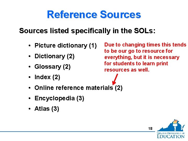 Reference Sources listed specifically in the SOLs: • Picture dictionary (1) • Dictionary (2)