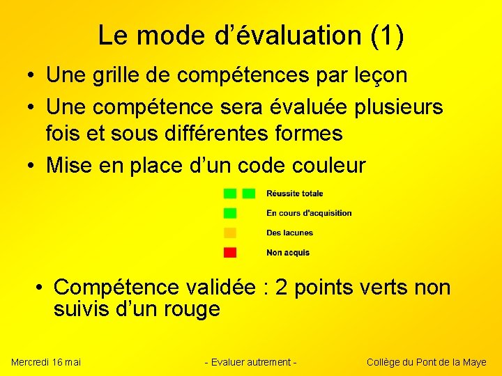 Le mode d’évaluation (1) • Une grille de compétences par leçon • Une compétence