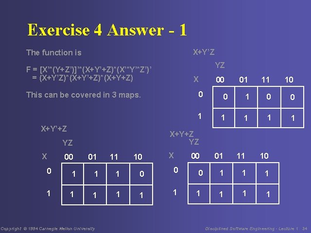 Exercise 4 Answer - 1 X+Y’Z The function is YZ F = [X’*(Y+Z’)]’*(X+Y’+Z)*(X’*Y’*Z’)’ =