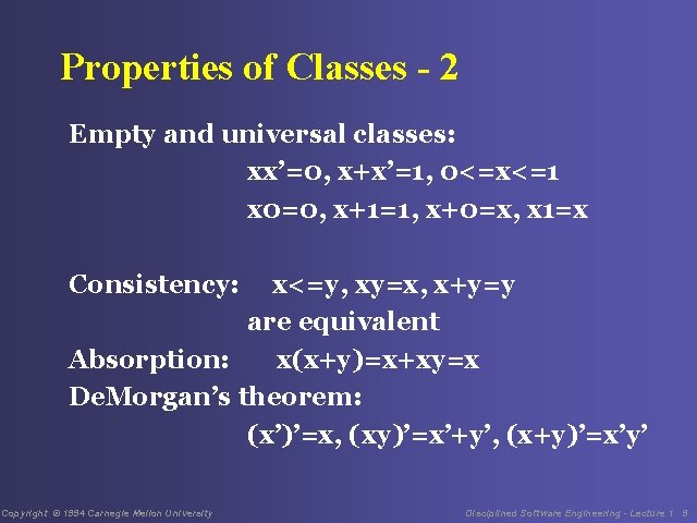 Properties of Classes - 2 Empty and universal classes: xx’=0, x+x’=1, 0<=x<=1 x 0=0,