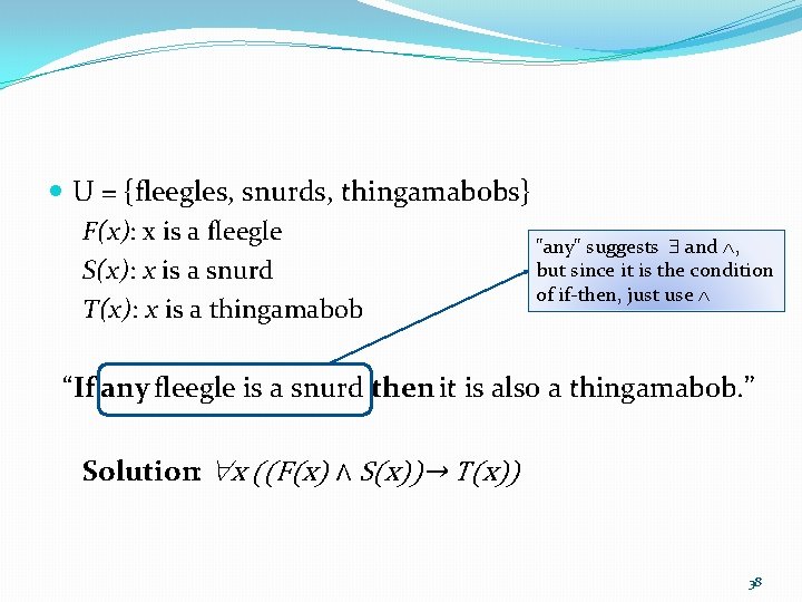  U = {fleegles, snurds, thingamabobs} F(x): x is a fleegle "any" suggests and