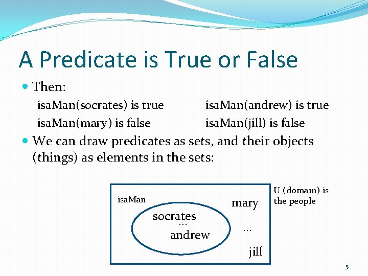 A Predicate is True or False Then: isa. Man(socrates) is true isa. Man(andrew) is