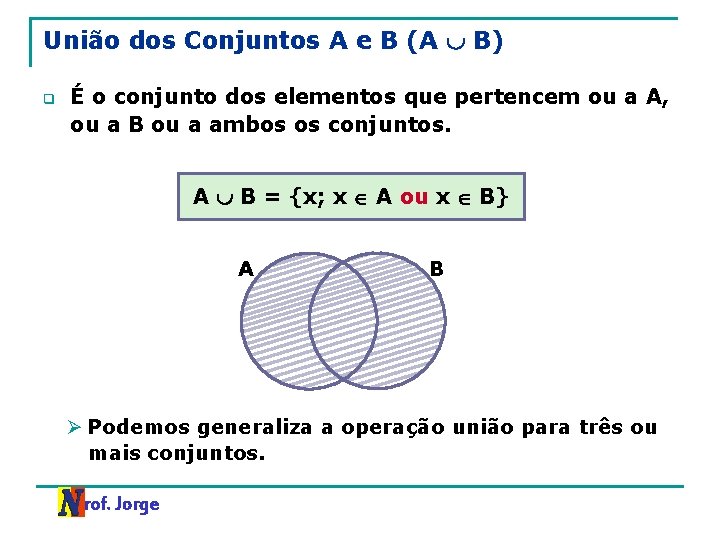 União dos Conjuntos A e B (A B) q É o conjunto dos elementos