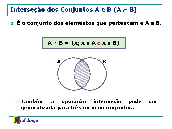 Interseção dos Conjuntos A e B (A B) q É o conjunto dos elementos