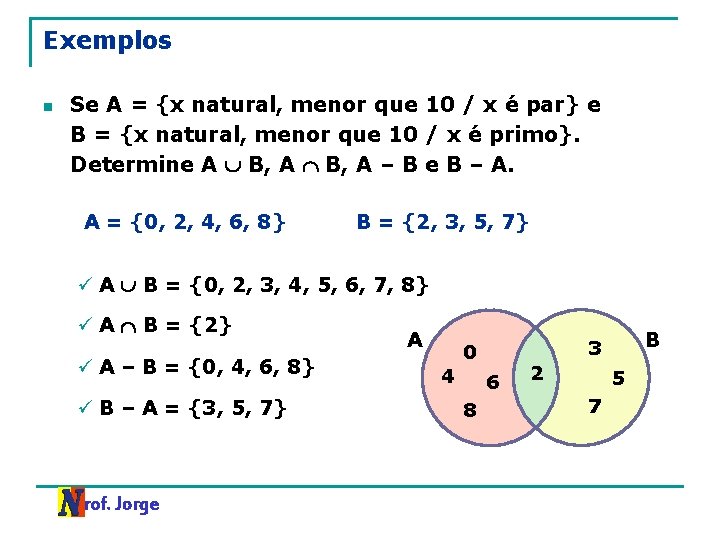 Exemplos n Se A = {x natural, menor que 10 / x é par}