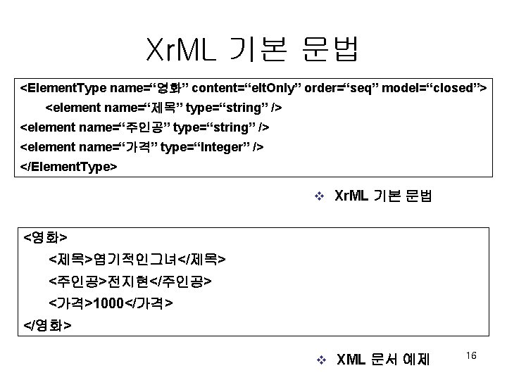 Xr. ML 기본 문법 <Element. Type name=“영화” content=“elt. Only” order=“seq” model=“closed”> <element name=“제목” type=“string”