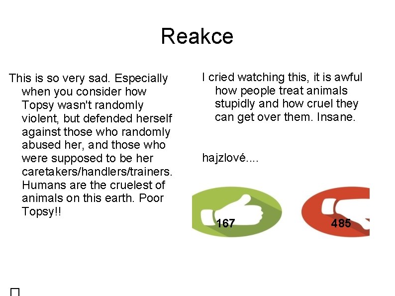 Reakce This is so very sad. Especially when you consider how Topsy wasn't randomly