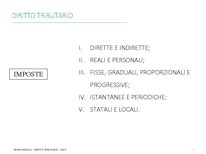 DIRITTO TRIBUTARIO ________________________________________________________________________ I. DIRETTE E INDIRETTE; II. REALI E PERSONALI; IMPOSTE III. FISSE,