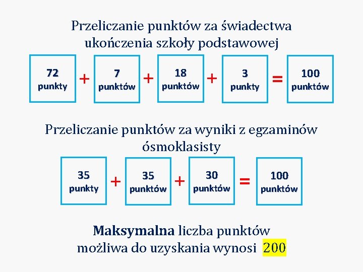 Przeliczanie punktów za świadectwa ukończenia szkoły podstawowej 72 punkty + 7 punktów + 18