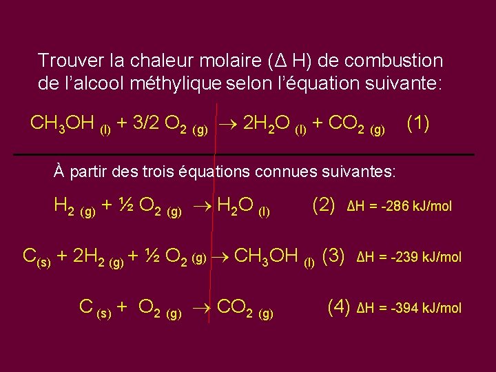 Trouver la chaleur molaire (Δ H) de combustion de l’alcool méthylique selon l’équation suivante: