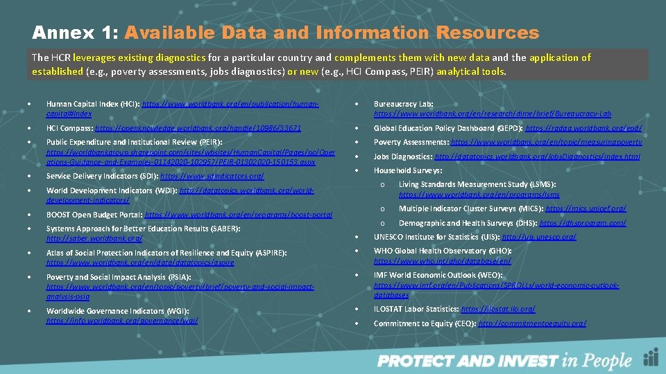 Annex 1: Available Data and Information Resources The HCR leverages existing diagnostics for a