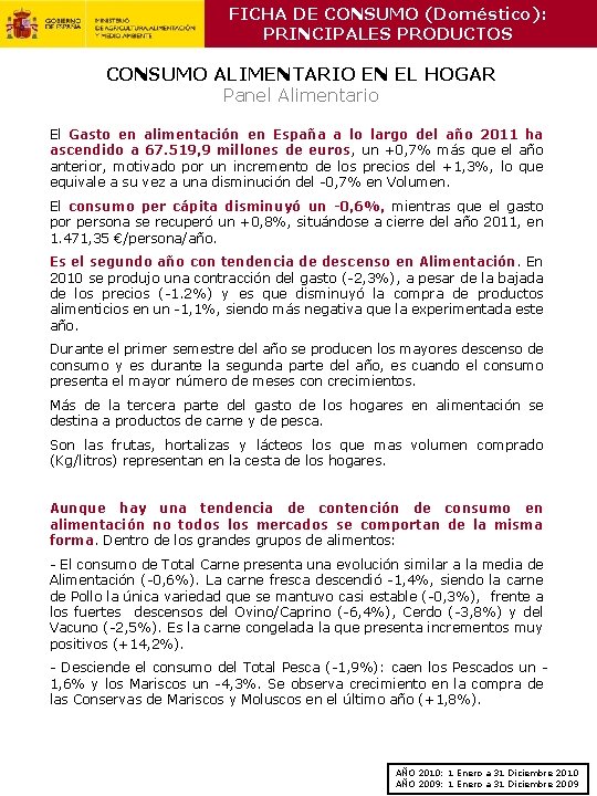 FICHA DE CONSUMO (Doméstico): PRINCIPALES PRODUCTOS CONSUMO ALIMENTARIO EN EL HOGAR Panel Alimentario El