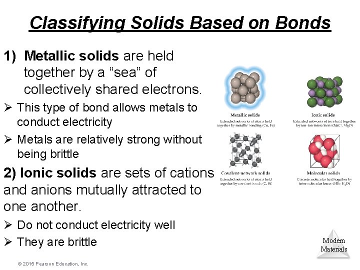 Classifying Solids Based on Bonds 1) Metallic solids are held together by a “sea”