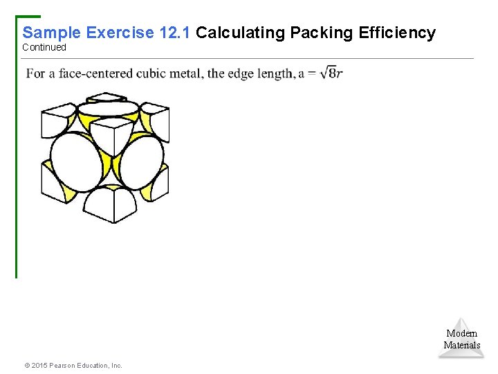 Sample Exercise 12. 1 Calculating Packing Efficiency Continued Modern Materials © 2015 Pearson Education,