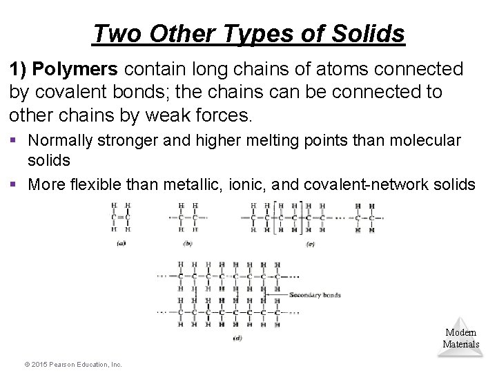 Two Other Types of Solids 1) Polymers contain long chains of atoms connected by