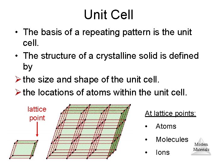 Unit Cell • The basis of a repeating pattern is the unit cell. •