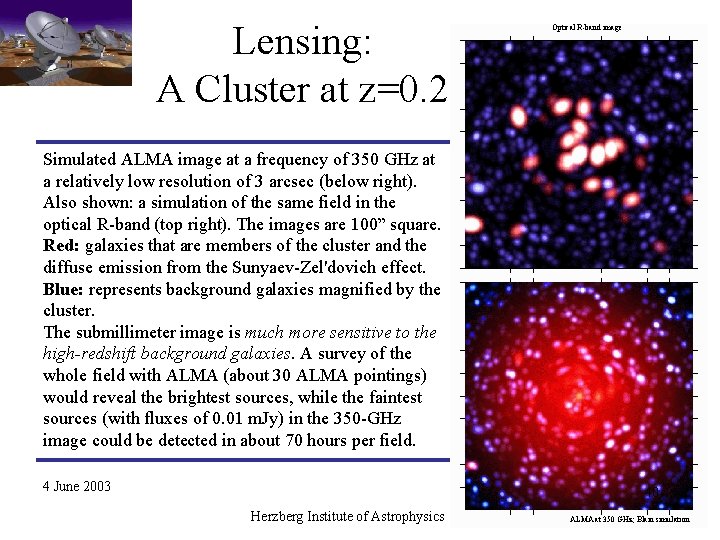 Lensing: A Cluster at z=0. 2 Optical R-band image Simulated ALMA image at a Lensing: A Cluster at z=0. 2 Optical R-band image Simulated ALMA image at a