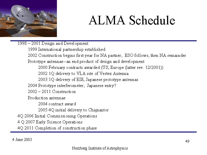 ALMA Schedule 1998 – 2001 Design and Development 1999 International partnership established 2002 Construction ALMA Schedule 1998 – 2001 Design and Development 1999 International partnership established 2002 Construction