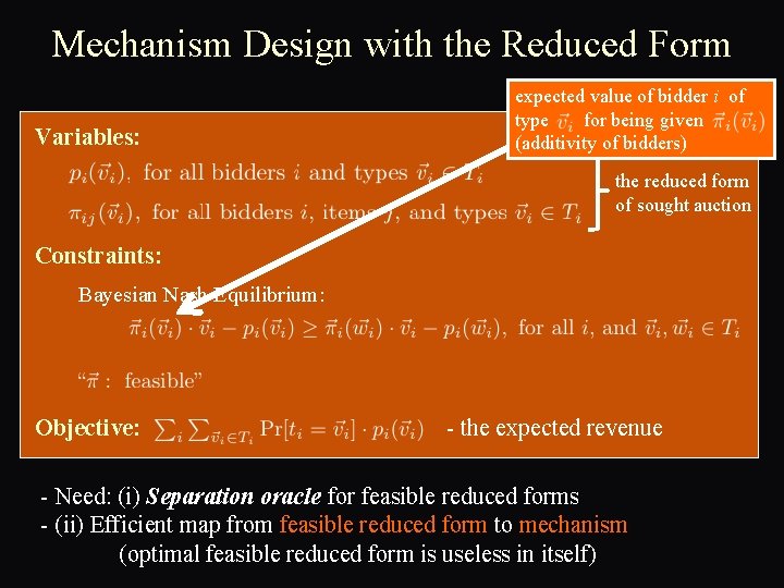 Mechanism Design with the Reduced Form Variables: expected value of bidder i of type